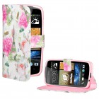 HTC Desire 500 Hülle - Kunstleder - Flip Case - Rosa Weiße Blumen Sights