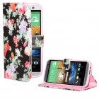 HTC One M8 Hülle - Kunstleder - Flip Case - Schwarz Rosa Blüten